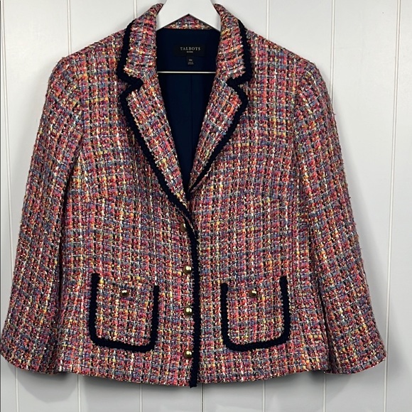Talbots Womens Jacket 14P Blue Pink Gold Tweed Contrast Trim Gold Buttons Y2K - Picture 1 of 16